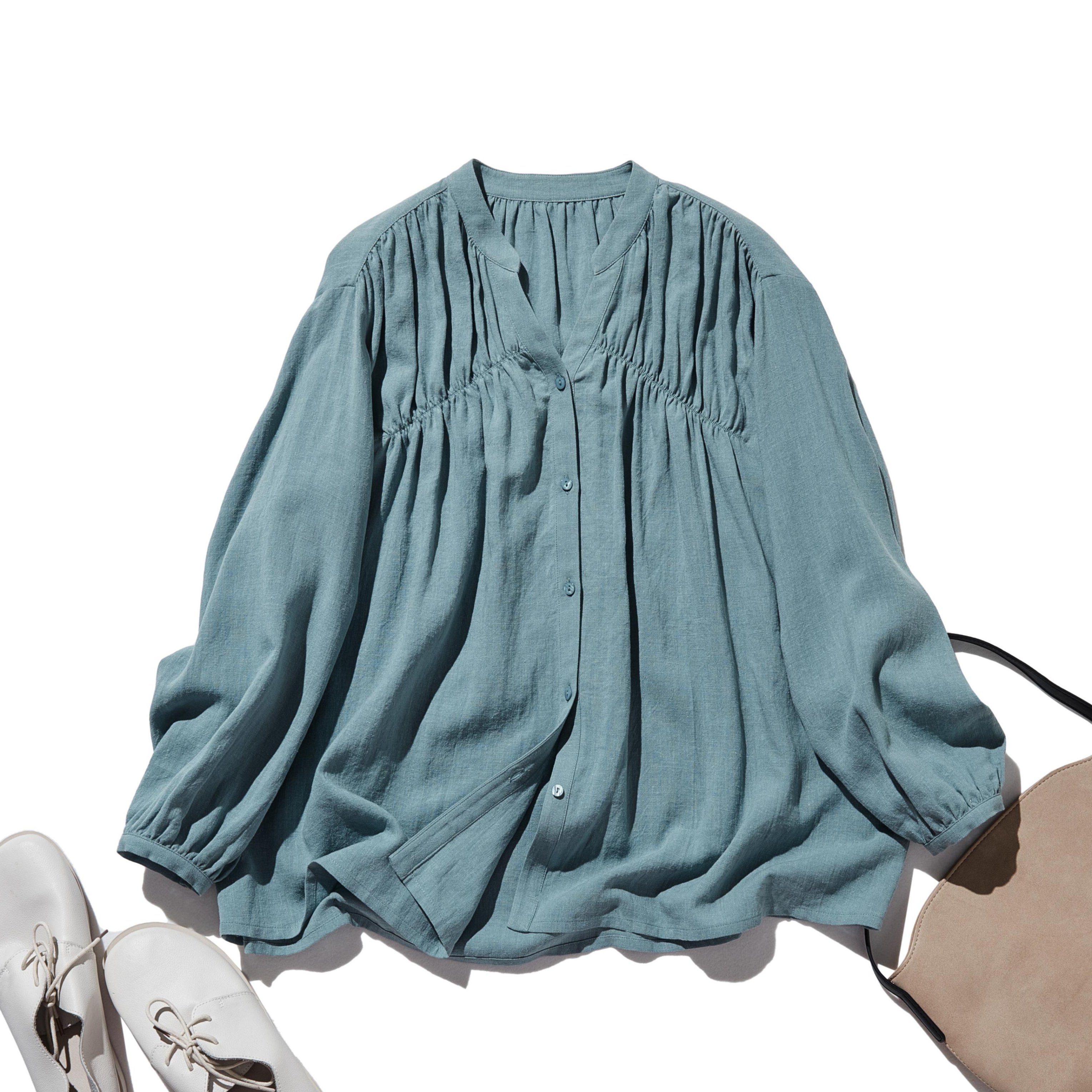 ナチュラルテイストの綿麻シャツブラウス  長袖ブラウス　灰色がかった青色250420-1