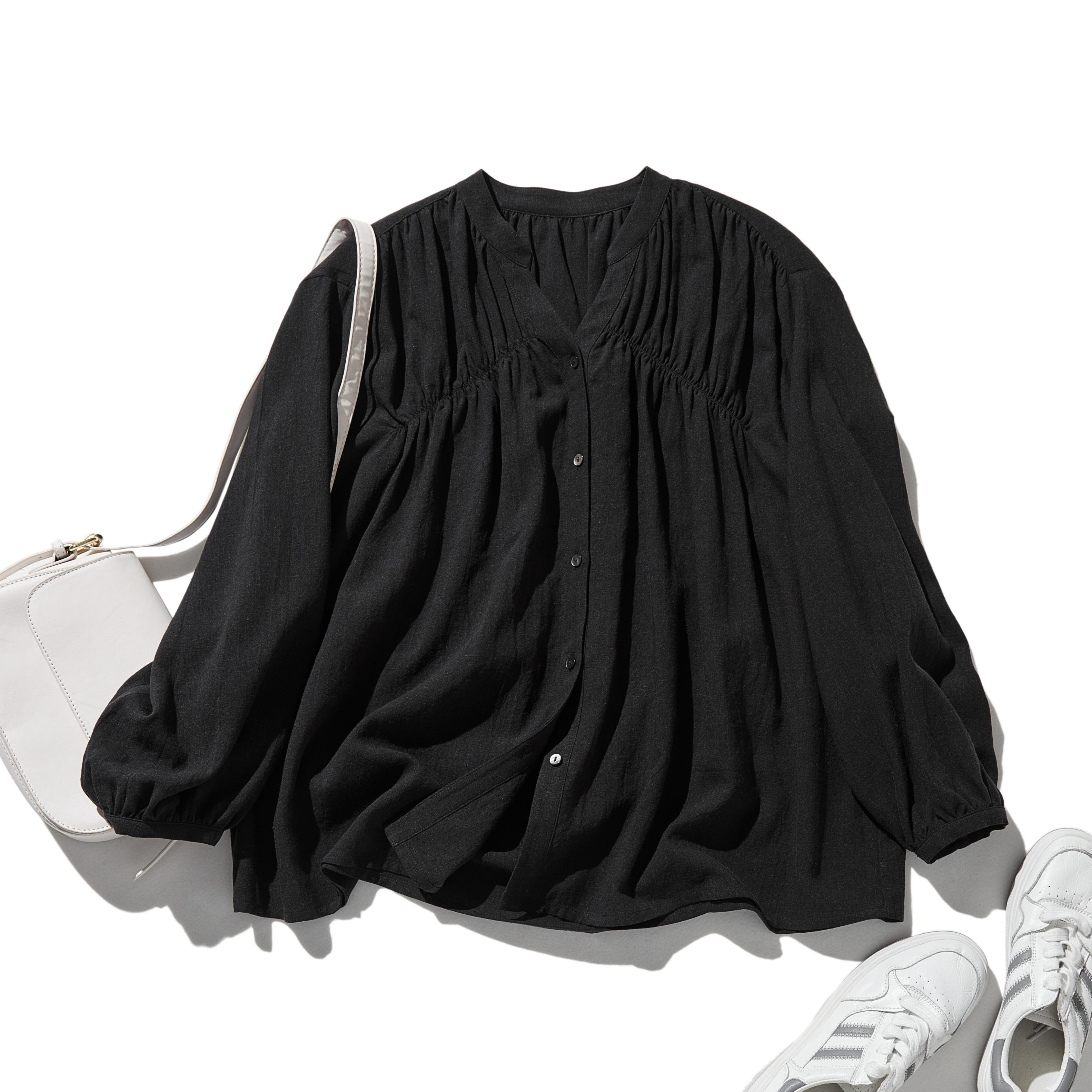 ナチュラルテイストの綿麻シャツブラウス 長袖ブラウス　ブラック　250420-4