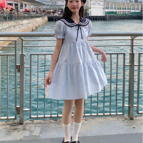 夏の甘いブルーのおしゃれなふんわりワンピース スクールガールに人気