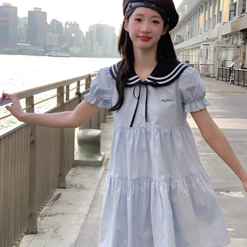夏の甘いブルーのおしゃれなふんわりワンピース スクールガールに人気