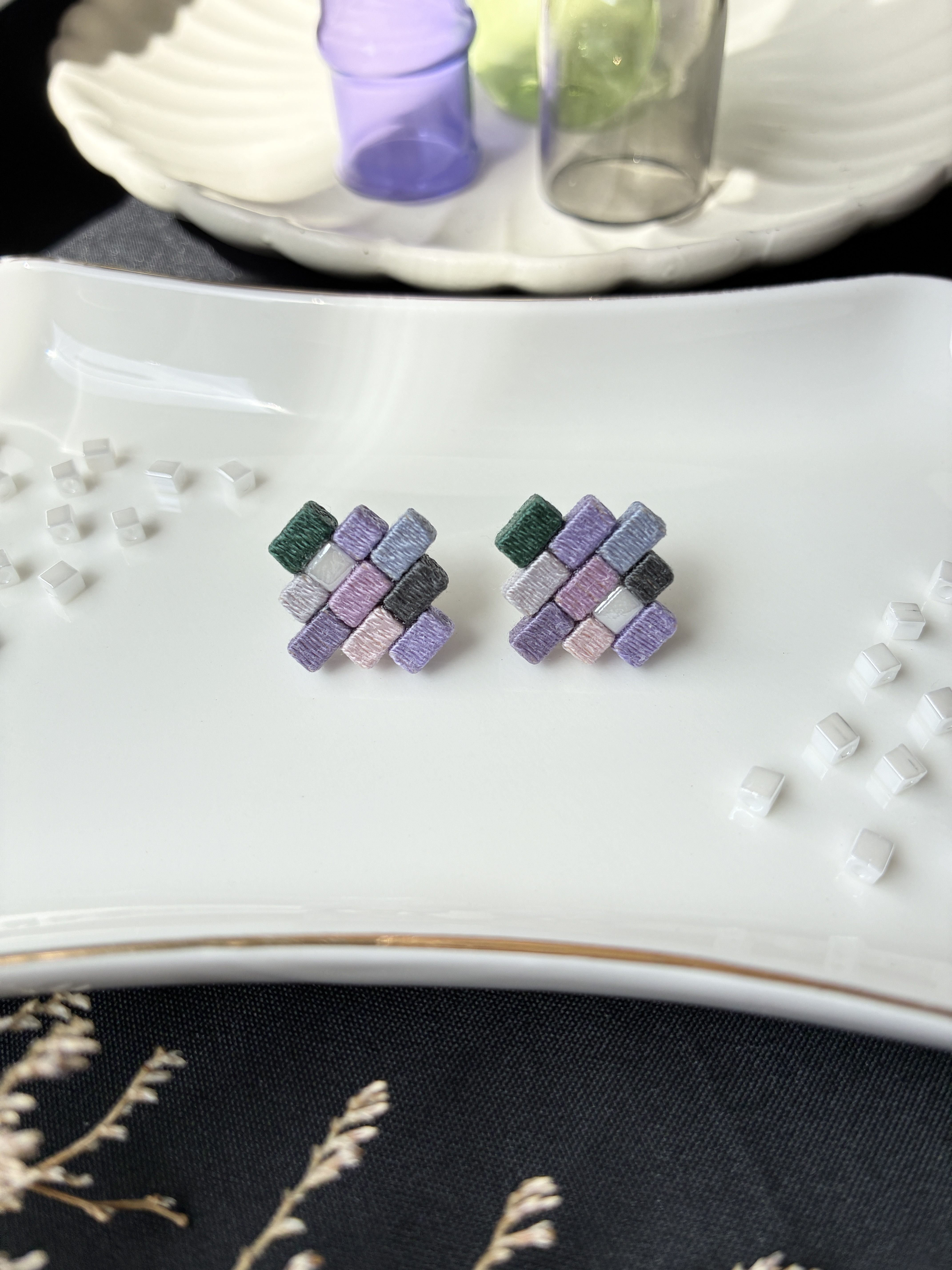 【夏】紫　深緑　灰色　紫陽花色　ジグザグピアス/イヤリング