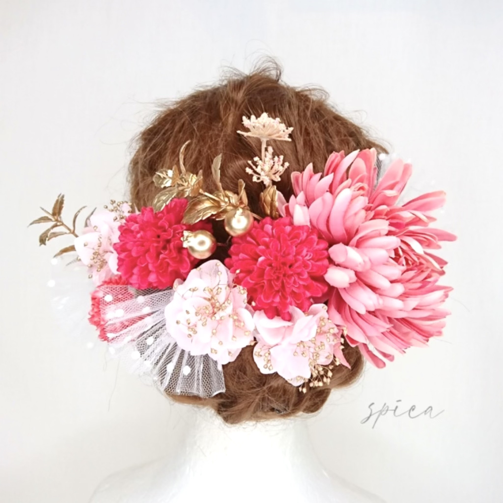 【一点限定】大和菊とプリザ紫陽花とチュールのヘッドドレス 髪飾り 成人式 卒業式 袴 結婚式 和装 七五三 ピンク マム