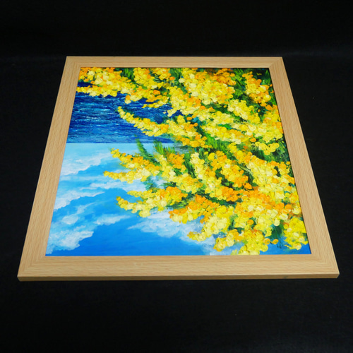 一点物】油彩画「ミモザの海」光り輝く海とミモザの共演 絵画 HR