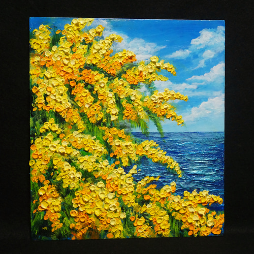 一点物】油彩画「ミモザの海」光り輝く海とミモザの共演 絵画 HR