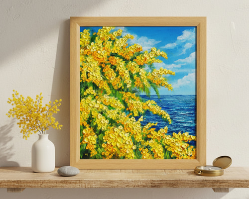一点物】油彩画「ミモザの海」光り輝く海とミモザの共演 絵画 HR