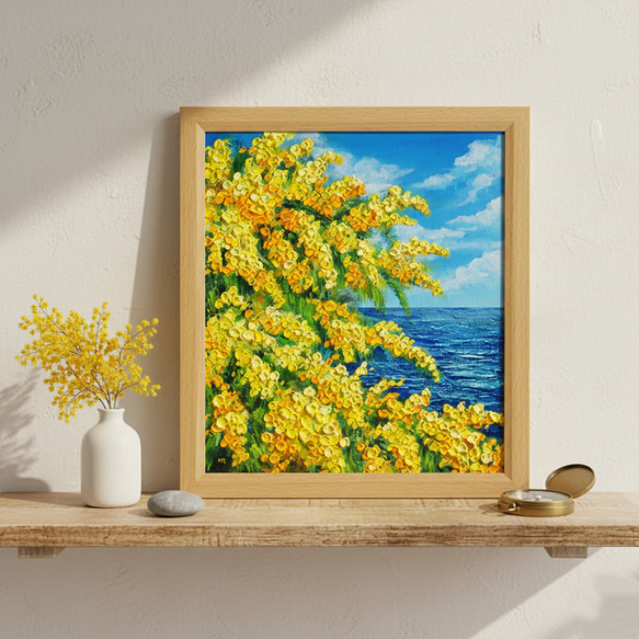 一点物】油彩画「ミモザの海」光り輝く海とミモザの共演 絵画 HR