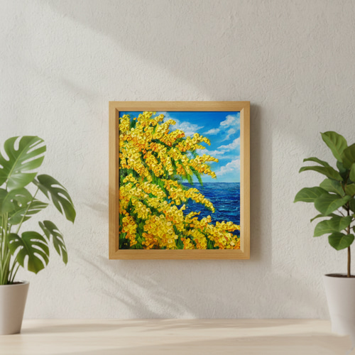 一点物】油彩画「ミモザの海」光り輝く海とミモザの共演 絵画 HR