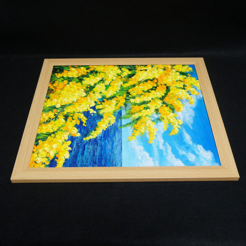 油絵 油彩 油彩画 絵 絵画 【ミモザの海】 一点物】油彩画「ミモザの海」光り輝く海とミモザの共演 絵画 HR