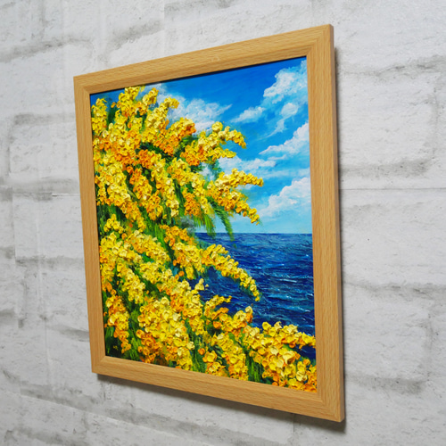 油絵 油彩 油彩画 絵 絵画 【青空に咲くミモザ 】 油絵 油彩 油彩画 絵 絵画 【青空のミモザ】 絵画 HR 通販