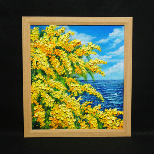 一点物】油彩画「ミモザの海」光り輝く海とミモザの共演 絵画 HR