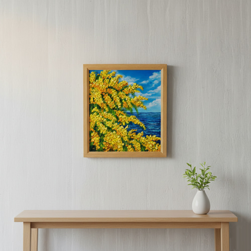 一点物】油彩画「ミモザの海」光り輝く海とミモザの共演 絵画 HR