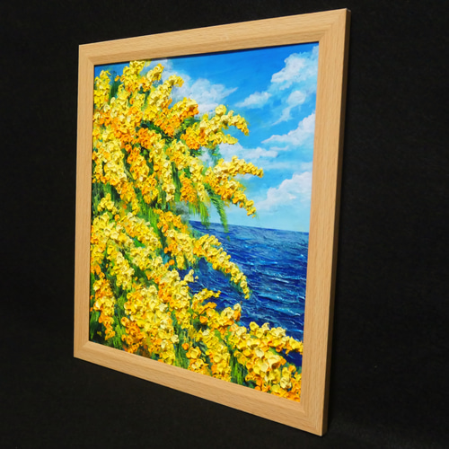 一点物】油彩画「ミモザの海」光り輝く海とミモザの共演 絵画 HR