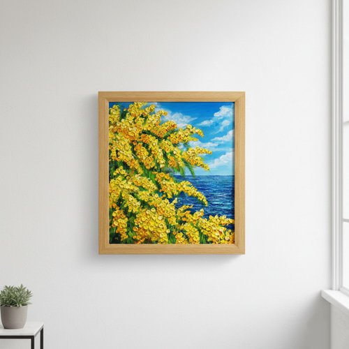 油絵 油彩 油彩画 絵 絵画 【ミモザの海】 一点物】油彩画「ミモザの海」光り輝く海とミモザの共演 絵画 HR