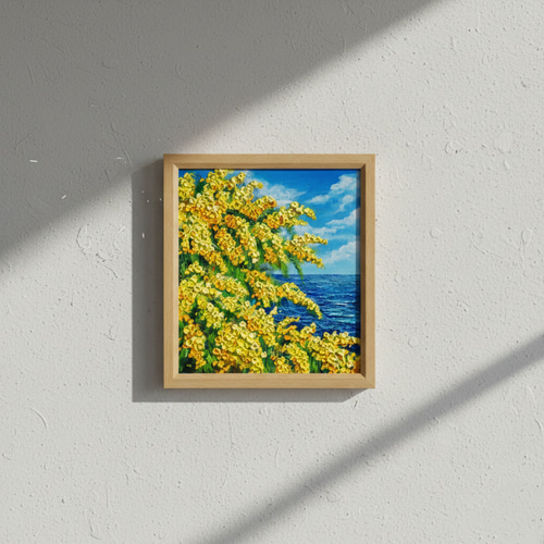 一点物】油彩画「ミモザの海」光り輝く海とミモザの共演 絵画 HR