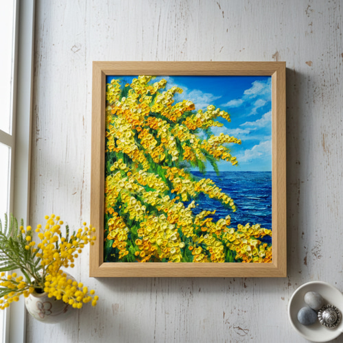 絵画　油絵　アート　原画　一点物　花　ミモザ　イエロー　可憐　SM 一点物】油彩画「ミモザの海」光り輝く海とミモザの共演 絵画 HR