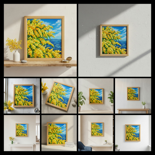 一点物】油彩画「ミモザの海」光り輝く海とミモザの共演 絵画 HR