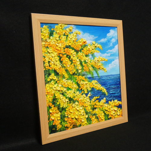 一点物】油彩画「ミモザの海」光り輝く海とミモザの共演 絵画 HR