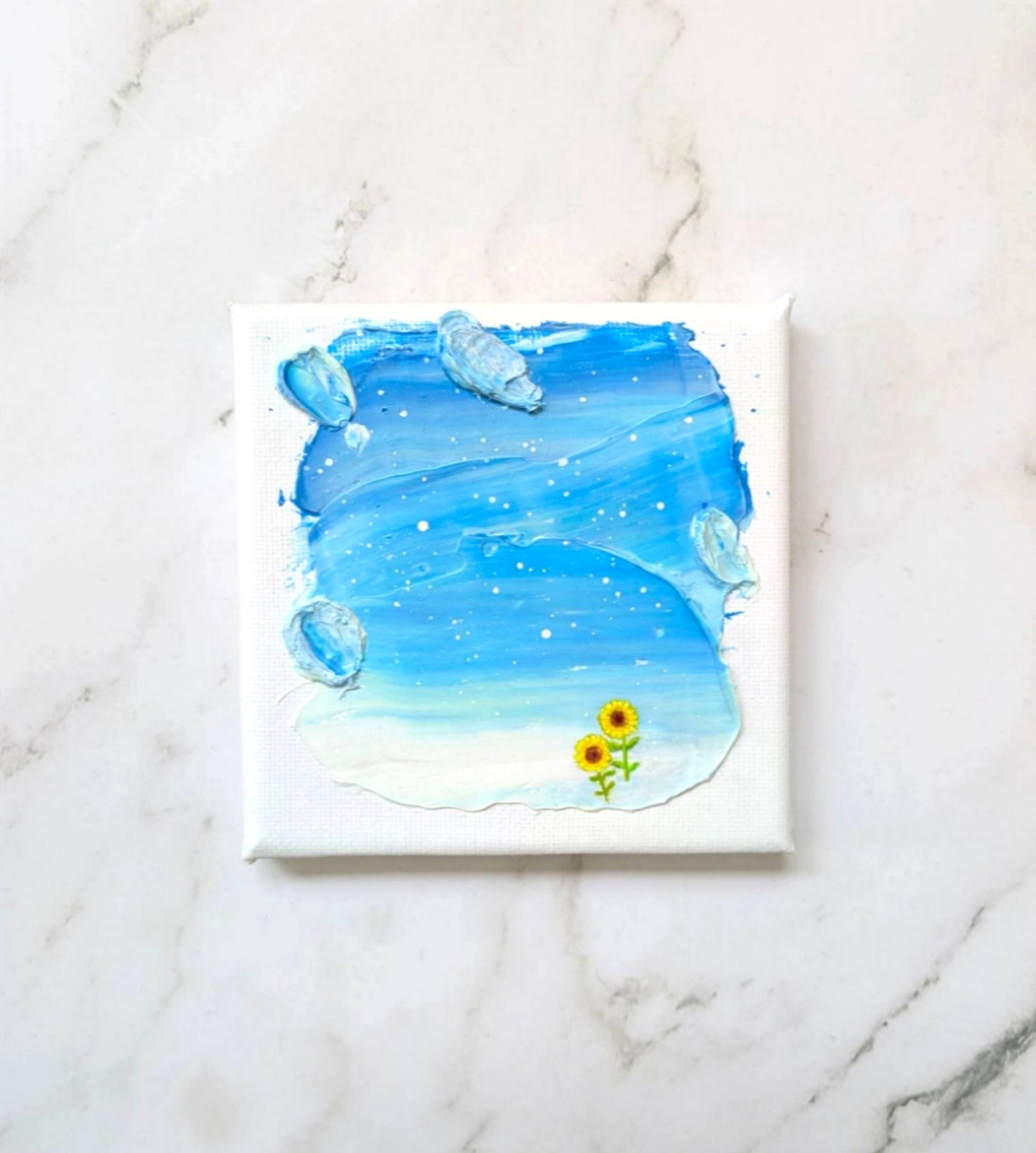 アクリル画　原画　「ひまわりの咲く丘」　25cm角　キャンバス　風景画