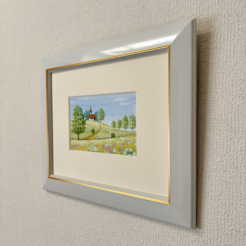 野花の咲く丘02」アクリル画 原画 風景画 額縁付 ハガキサイズ 絵画