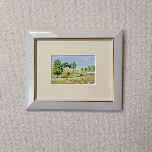 野花の咲く丘02」アクリル画 原画 風景画 額縁付 ハガキサイズ 絵画