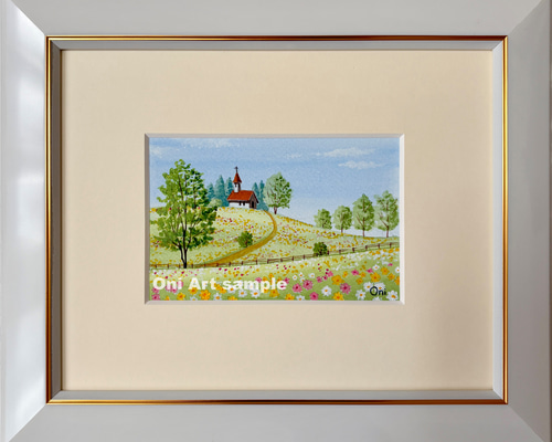 野花の咲く丘02」アクリル画 原画 風景画 額縁付 ハガキサイズ 絵画