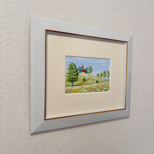 ご依頼品　風景画　花の絵　アクリル画　原画 「れんげ畑2」F8 野花の咲く丘02」アクリル画 原画 風景画 額縁付 ハガキサイズ 絵画