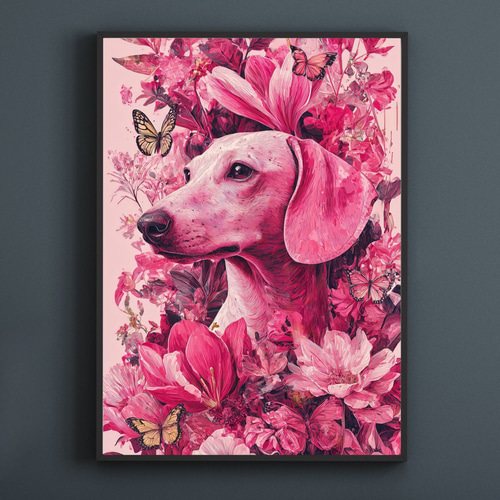 蝶よ花よ - ダックスフンド犬 No.1】ピンク・犬の絵・犬のイラスト