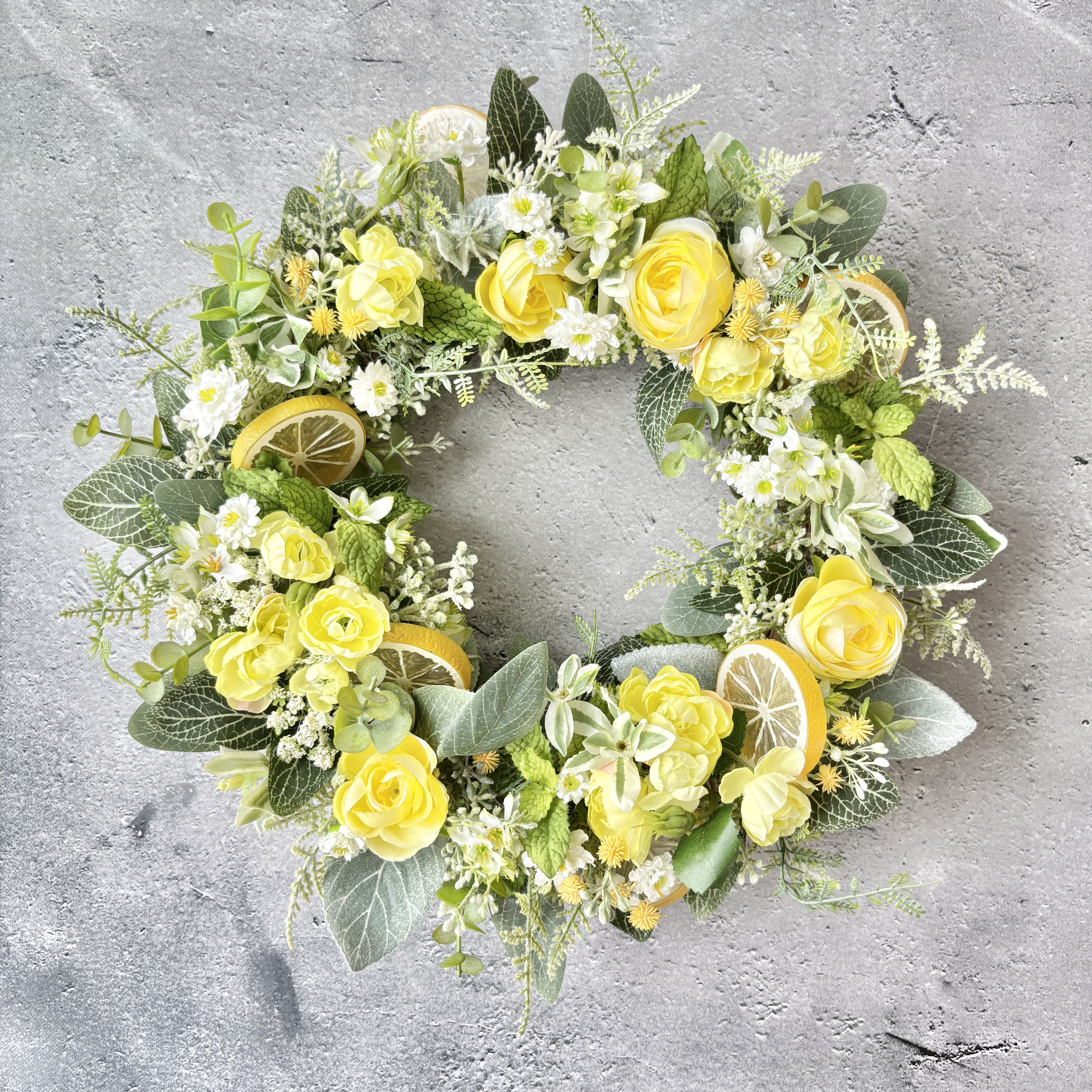 【BOXつき】レモンとグリーンの爽やかリース（直径約33cm）／アーティフィシャルフラワー／ギフト/開店祝い/