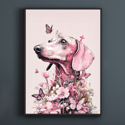 蝶よ花よ - ダックスフンド犬 No.2】ピンク・犬の絵・犬の