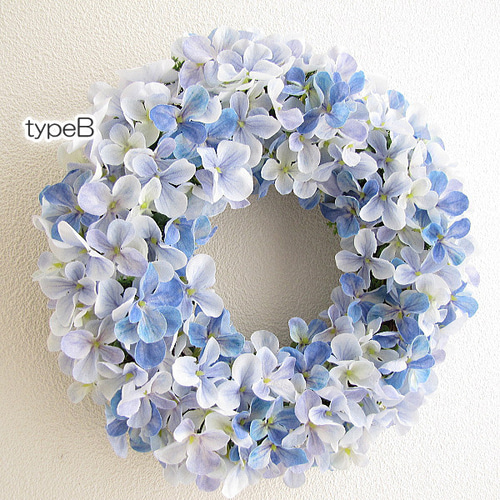 ももさく＆秋色紫陽花と白系ブルー系紫系小花リース＆スワッグセット 白い紫陽花と秋色紫陽花とブルーの小花達爽やかなドライフラワー