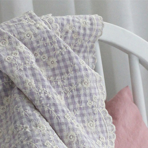 韓国製 大幅 ギンガムチェック レースフラワー刺繍 生地 コットン100