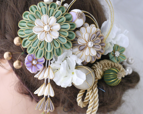 ちりめん髪飾り セット 鶴 水引き 白×ゴールド ハンドメイド つまみ細工 Tsuru】 つまみ細工髪飾り 鶴 和装 着物 振袖 袴 色打掛 成人式