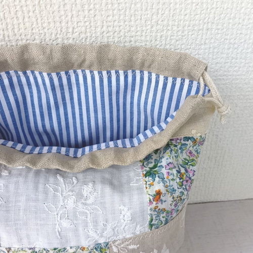 再販＊《送料無料‼》リネンシェル型パッチワーク巾着＊ナチュラル