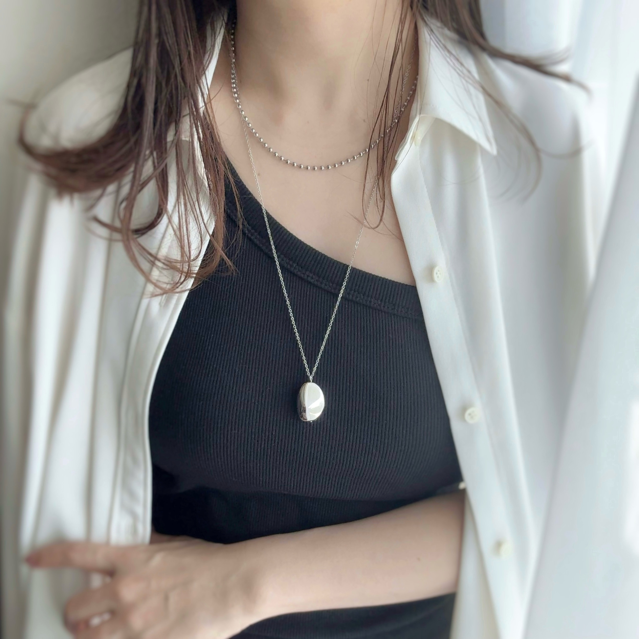 サージカルステンレス | レイヤードビーンズロングネックレス | シルバー | 金属アレルギー対応 | つけっぱなしOK