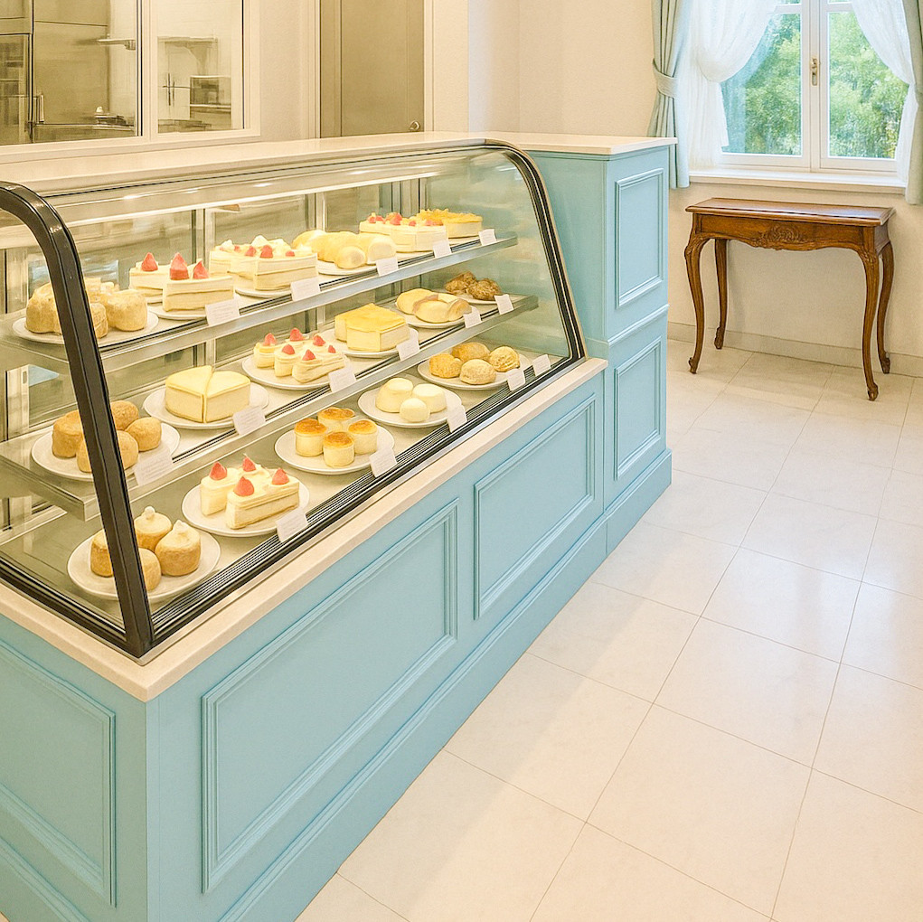 ケーキ屋さん向け冷蔵ショーケースカウンター（W2600ライトブルー）スイーツ店向けレジカンター オーダーメイド店舗什器