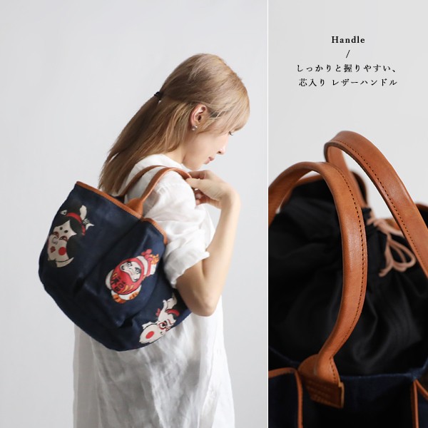 （送料無料）Ｍサイズ　手描き 鞄　縁起　猫　花ポケット　トート　バッグ　巾着付　レザー　デニム　P77B