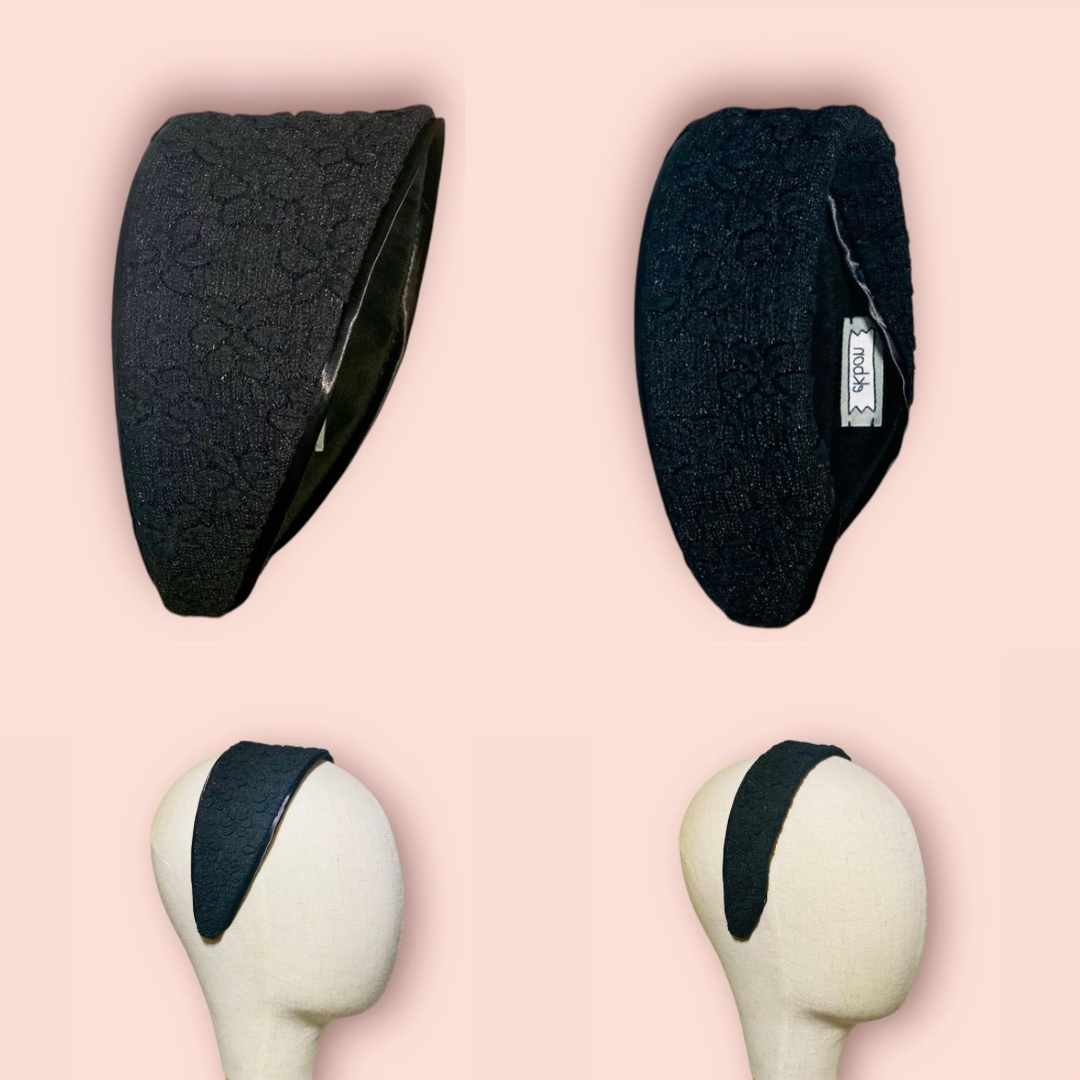 【2way カチューシャ  ブリジット（幅広）】レース パイピング〈ブラック〉