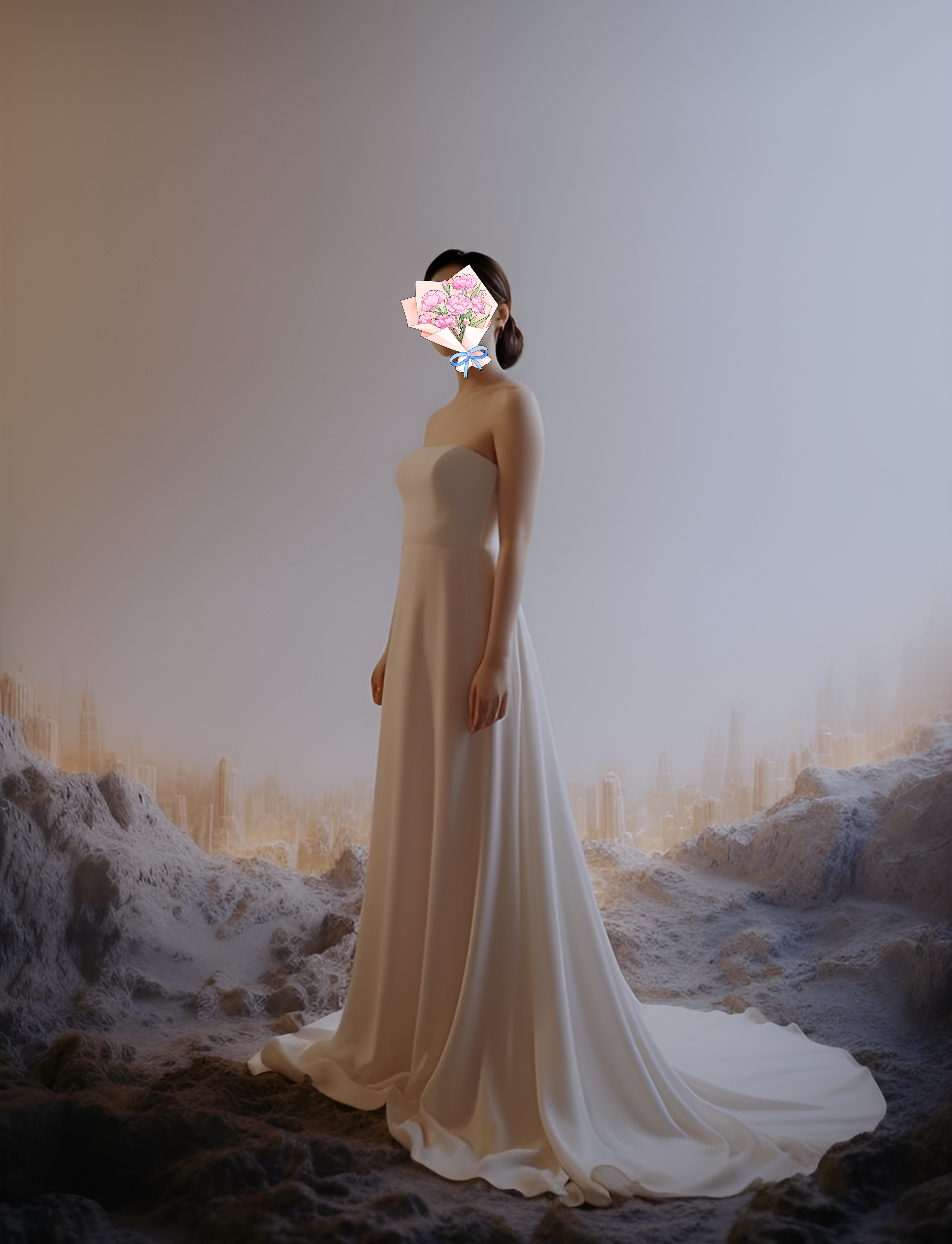 カジュアルウエディングドレス　シンプル　トレーン　ベアトップ　モード感あふれる　結婚式　前撮り　二次会　結婚式 披露宴