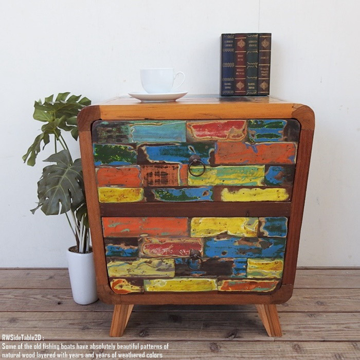 一点物 B サイドテーブルRWST 2D 55 チェスト ボートウッド 2段 船古材 ボート再生家具 古材