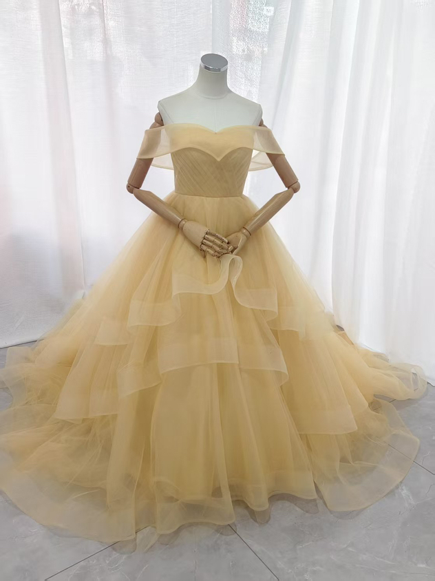 カラードレス パステルイエロー オフショルダー ラッフルフリル 可愛い ファスナー 演奏会