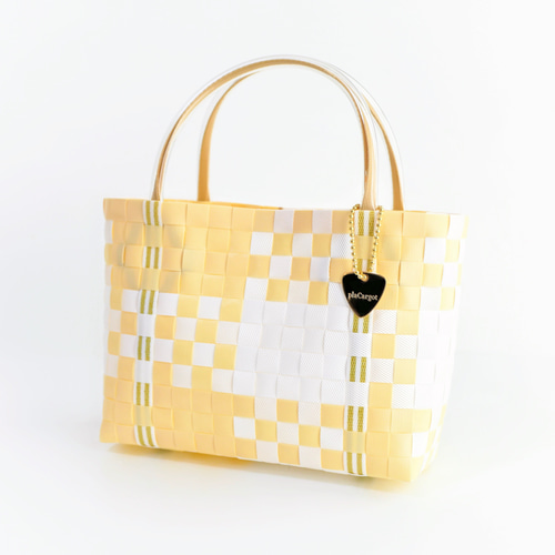 LOVERARY クリーム色 かごバッグ クリームイエローのチェック×ベージュハンドルS 2WAYプラカゴ