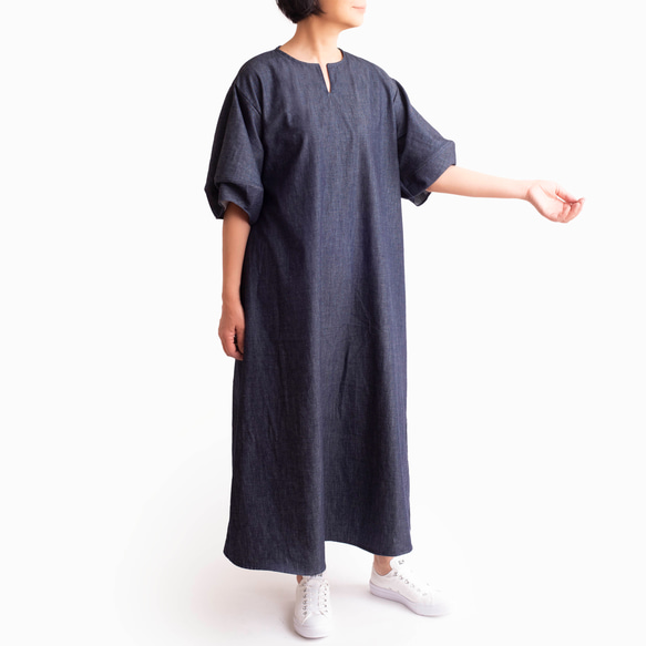 袖の可愛いデニムワンピース　岡山デニム　サイズSML　体形に合わせてお作りもできます 5枚目の画像