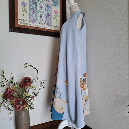 留袖ワンピース 大きめ3L/125 フレア袖 作家物/手描き 正絹 N作