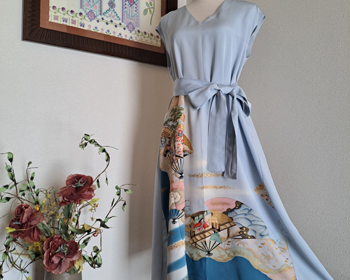 ☆ 着物リメイク/色留袖/正絹/ノースリーブ/Vネックワンピース/一品物