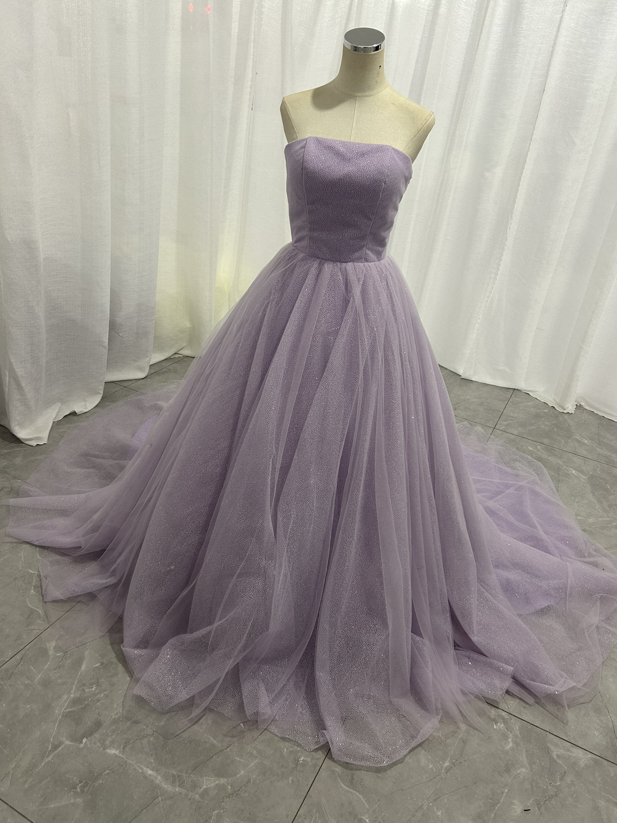 人気上昇！ 薄   パープル   ベアトップ   カラードレス　グリッターチュールドレス  花嫁/結婚式/披露宴
