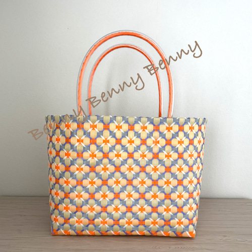 プラカゴ レトロポップ オレンジx紫 2XL浅め マチ17cm PPバンド かご