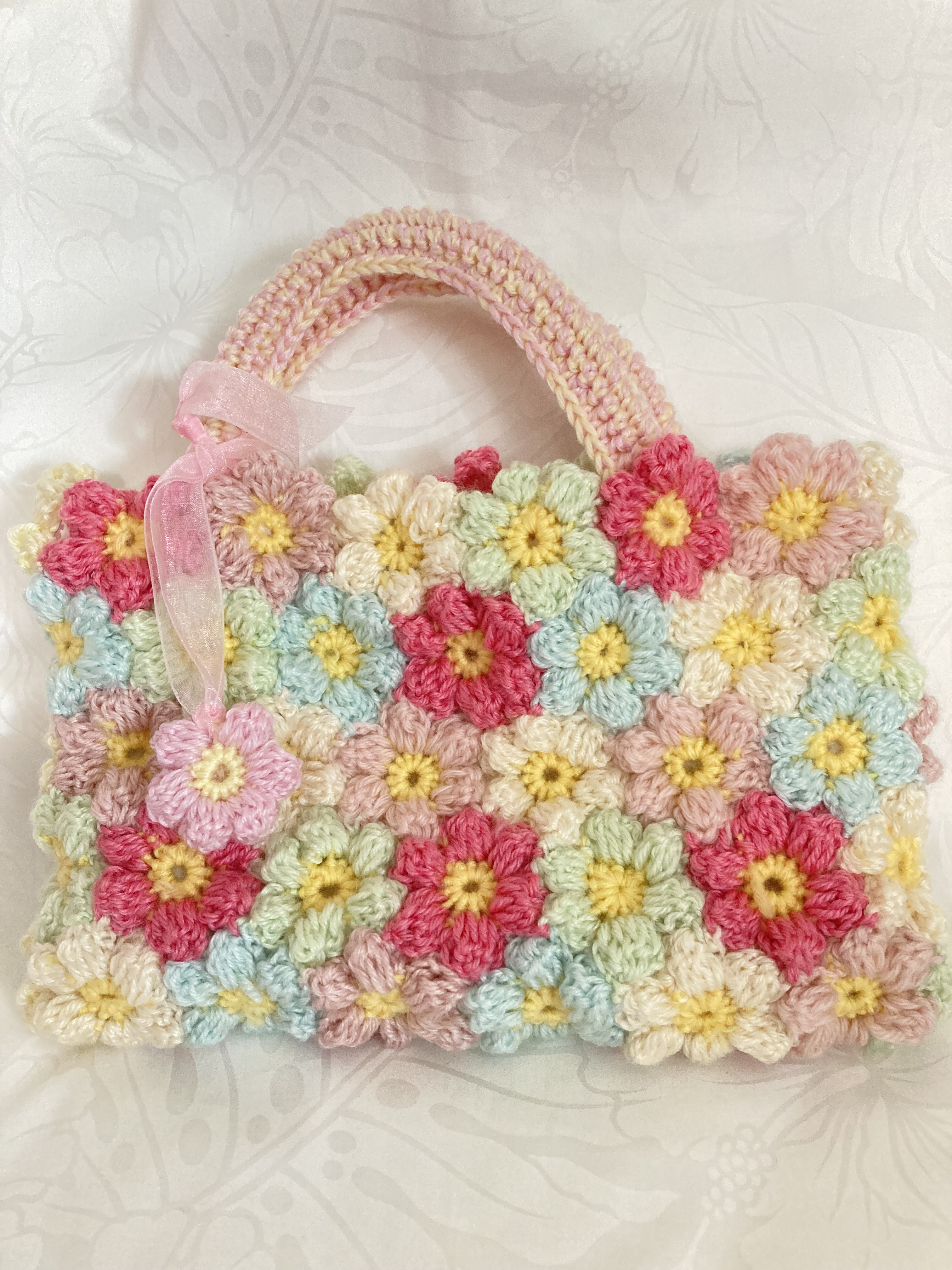新作j　1点物　ぷっくりお花モチーフ編み　ミニバッグ