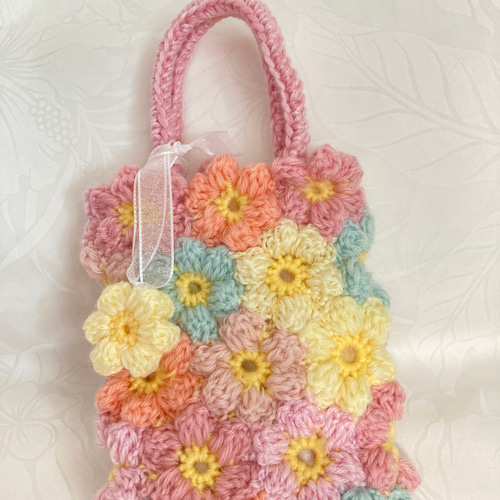 新作 1点物 ぷっくりぷっくりお花モチーフ編み ミニバッグ かごバッグ