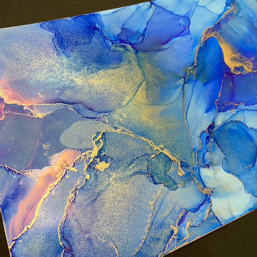 No.46 アルコールインクアート 原画 A4サイズ 絵 青 海 宇宙 抽象 絵画