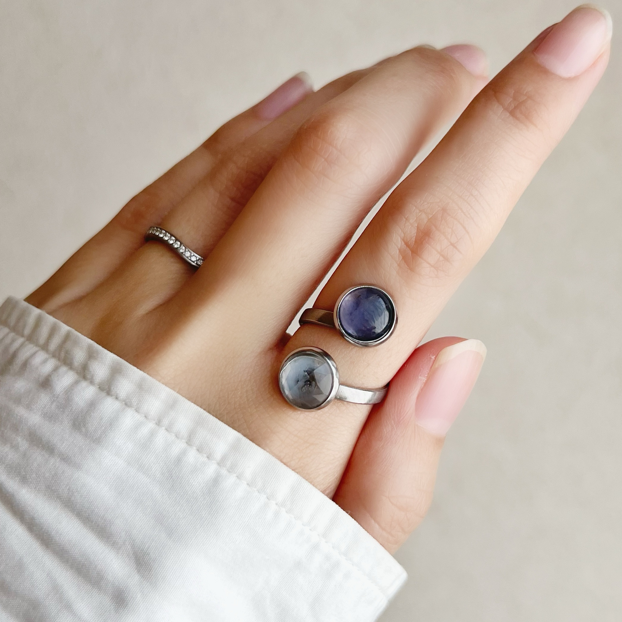 【JORIE】大人くすみカラー❤️ クリスタル×アイオライ　DOUBLE STONE リング　晴れやかブルー2025